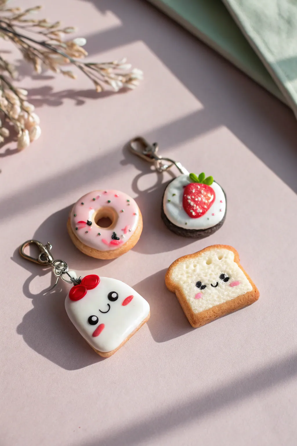 Cute mini donut, sushi, strawberry, and toast charms with simple faces on a pastel backdrop.