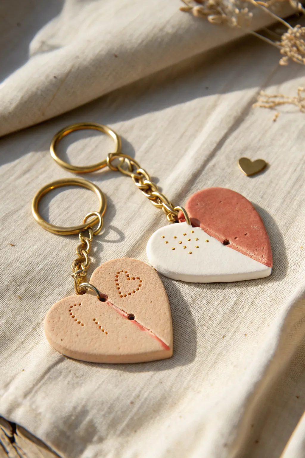 Minimalist split heart clay keychains, a sweet couples project with soft boho color blocks.