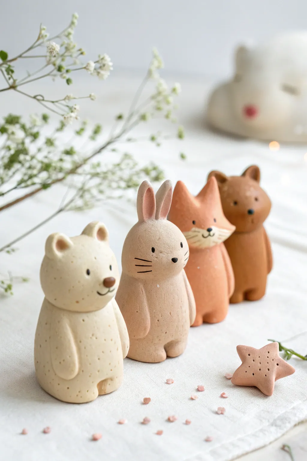 Chunky clay animal buddies in soft neutrals, simple shapes and sweet faces for easy sculpting.