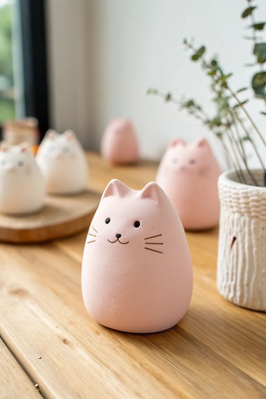 A chubby pastel kawaii clay cat with dot eyes on a minimalist tabletop, sweet and simple.
