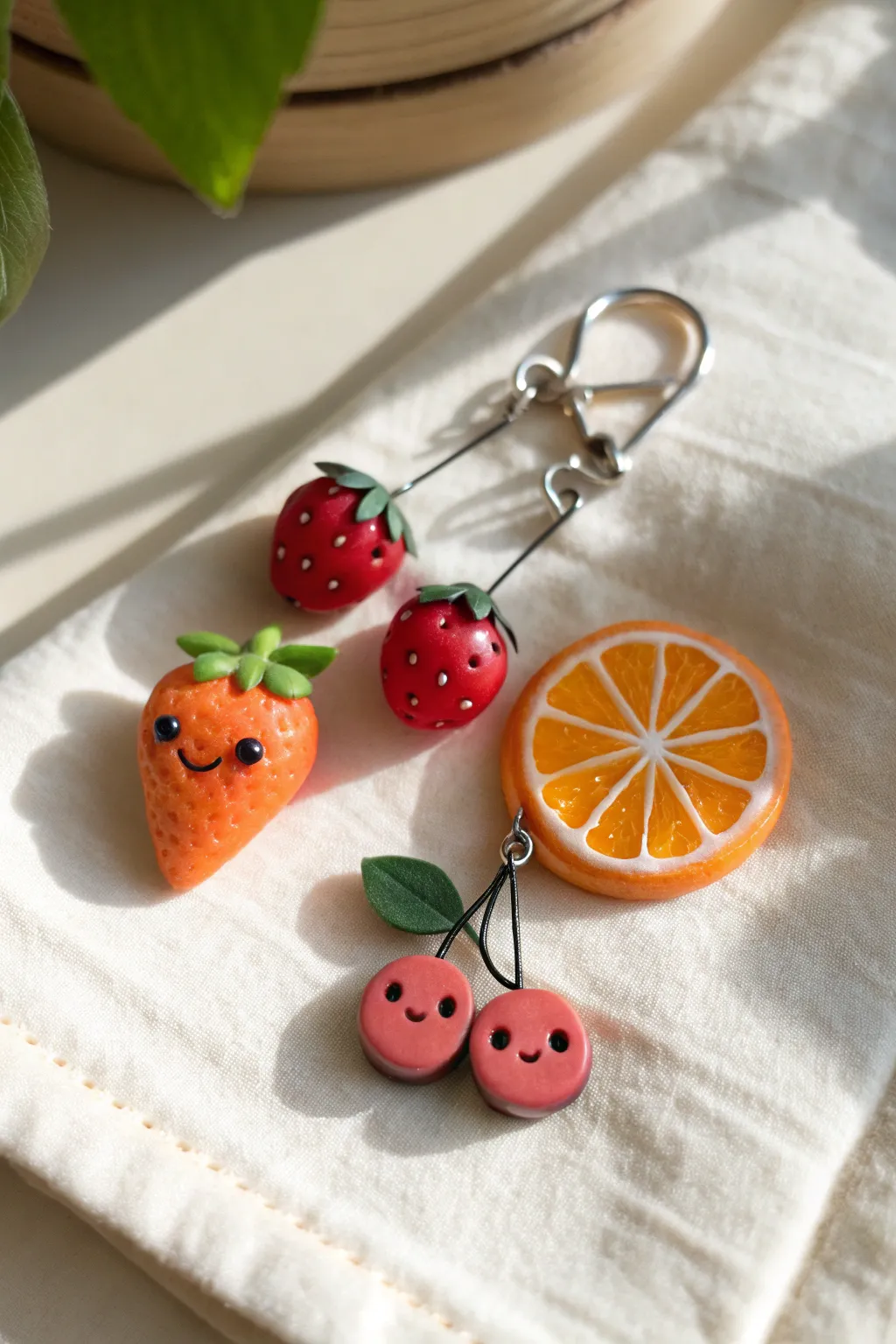 Sweet mini clay fruit charms with simple smiles, styled in soft Scandi minimal, boho warmth