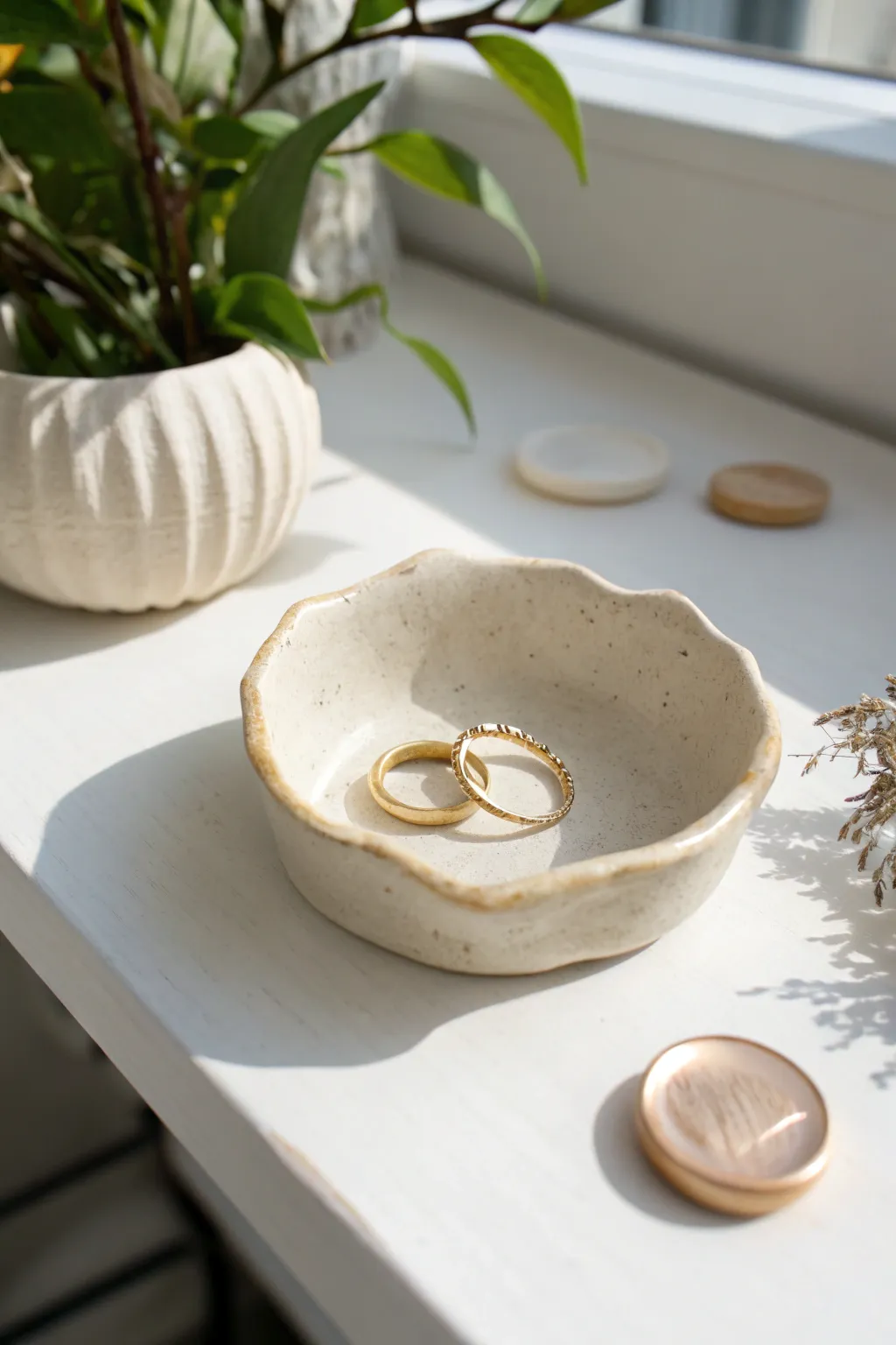 Soft-rim pinch pot trinket dish for rings and tiny treasures, styled on a bright tabletop