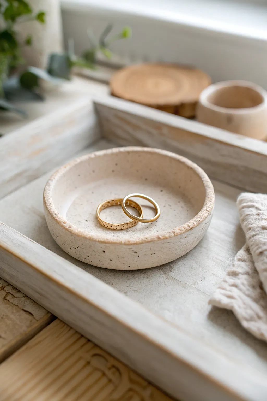 Minimalist stamped clay ring dish in soft natural light, a simple DIY accent for adult clay ideas