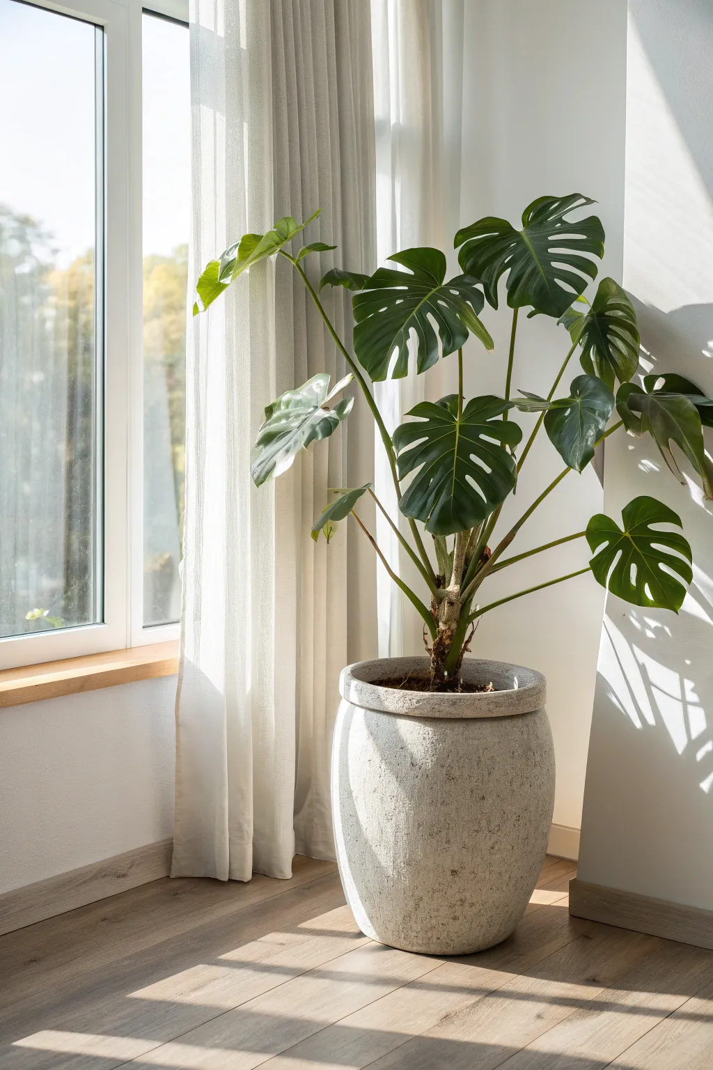 A classic heavy ceramic floor pot that grounds a tall Monstera with calm Scandinavian style.
