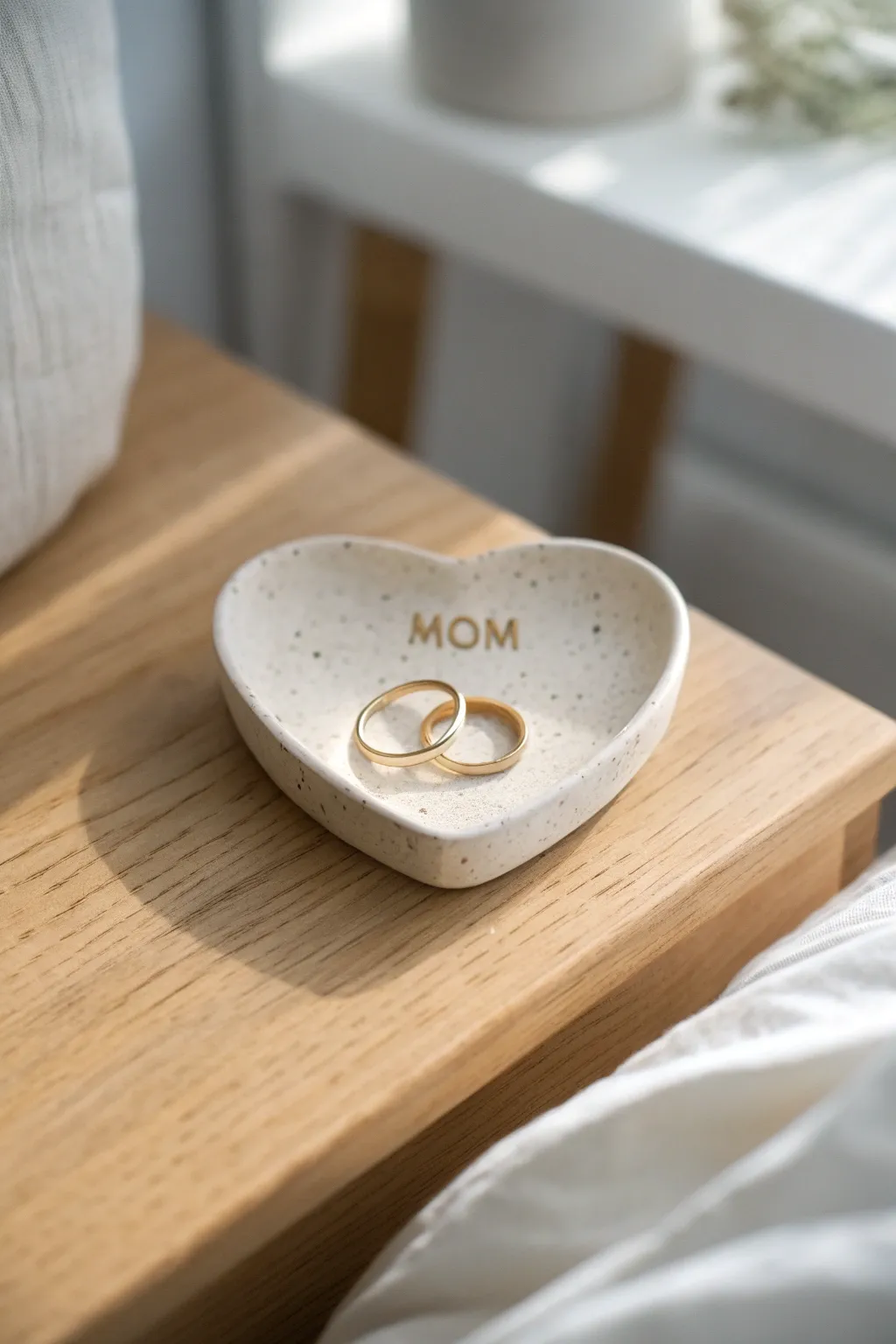 Heart-shaped clay ring dish stamped MOM, holding simple rings, calm Mothers Day gift vibe.
