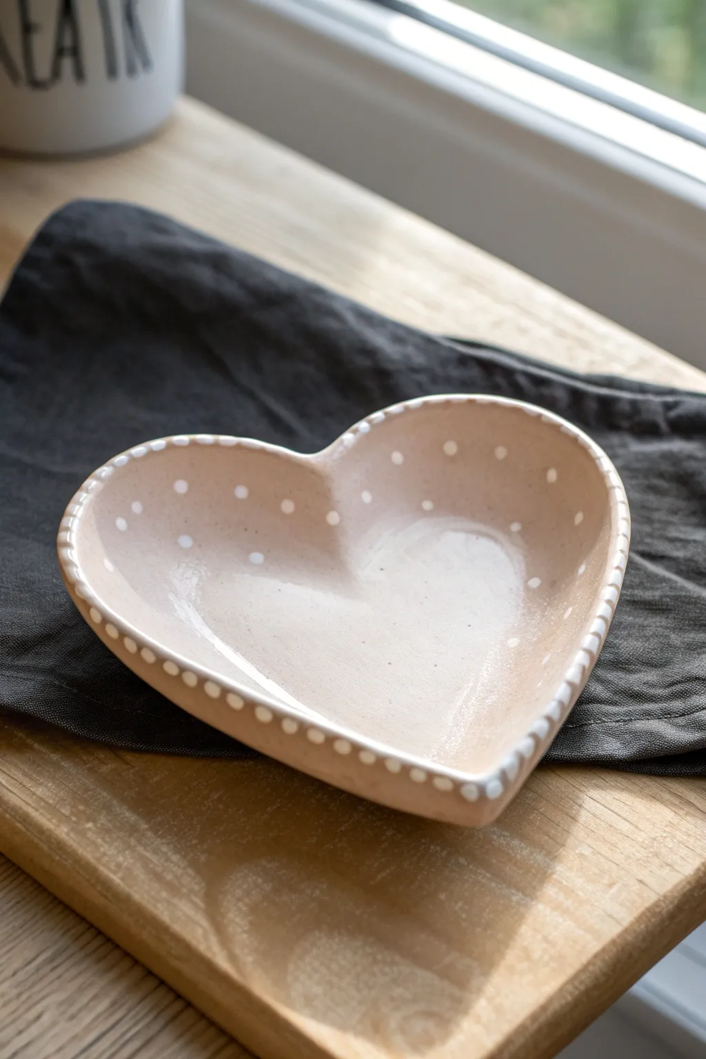 Easy Mothers Day clay idea: minimalist blush heart trinket dish with hand painted dots