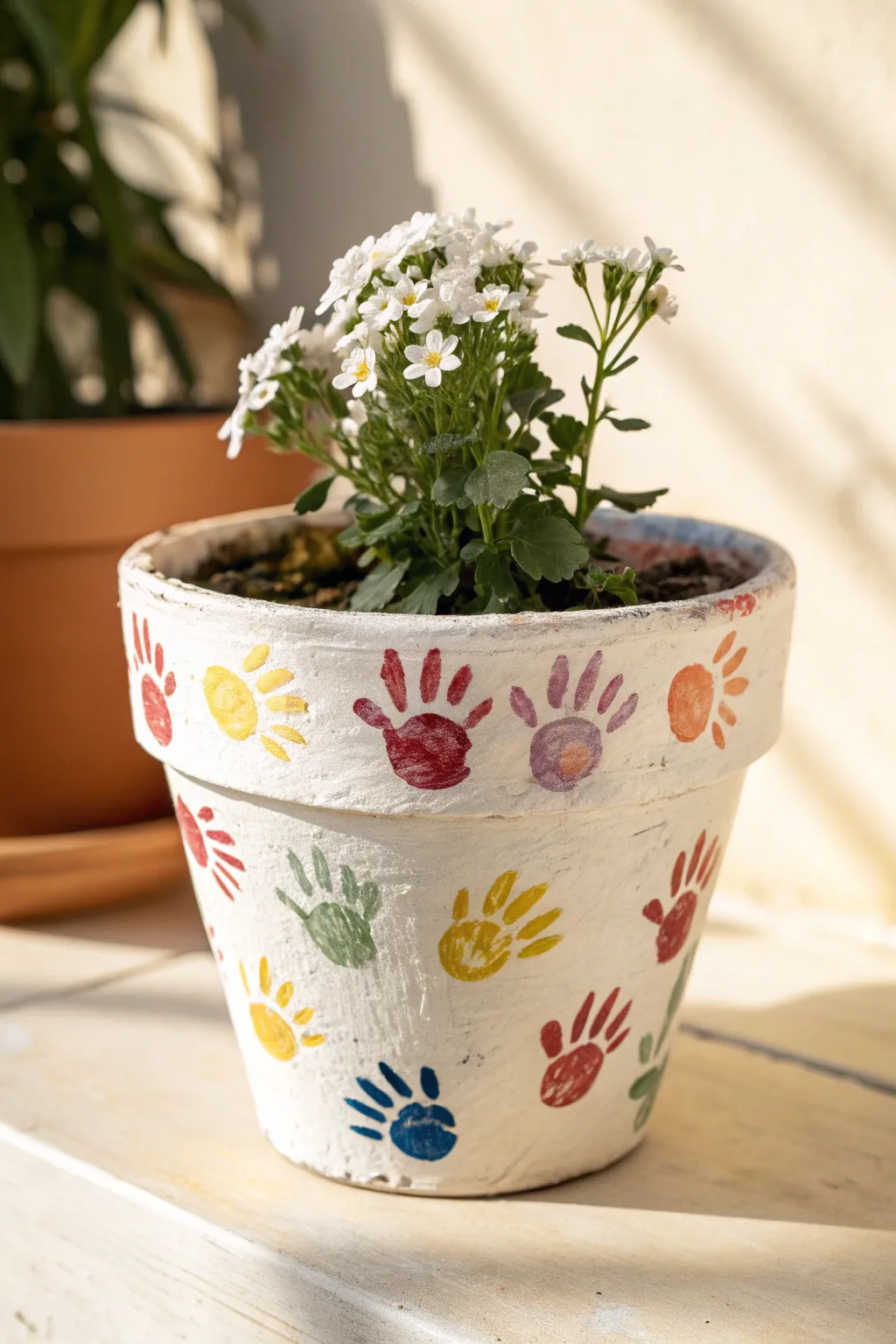 Sweet handprint flower pot in soft Scandinavian style, a heartfelt Mothers Day clay gift