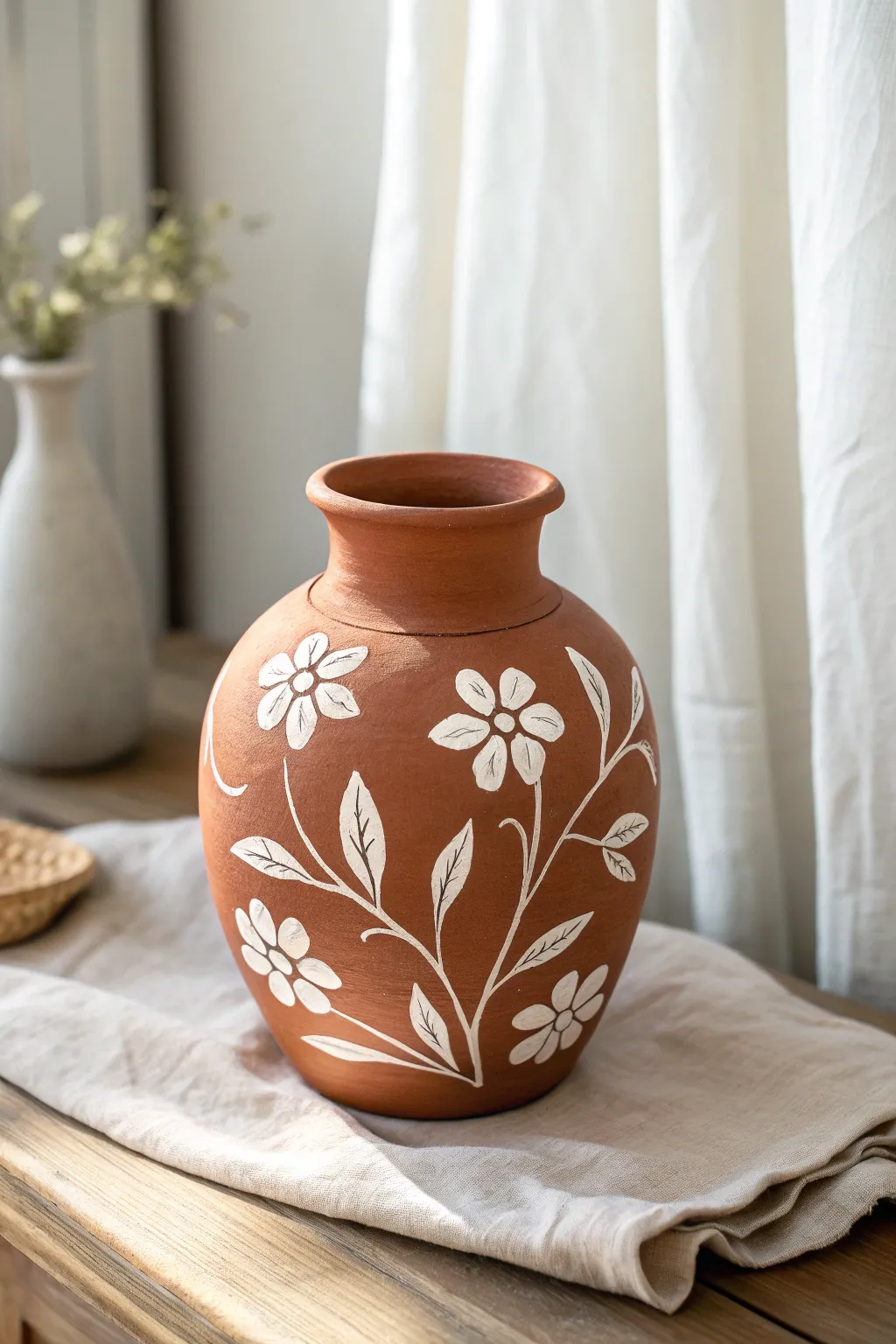 Classic white florals on terracotta mud vase, matte finish, simple and beautifully boho-minimal.
