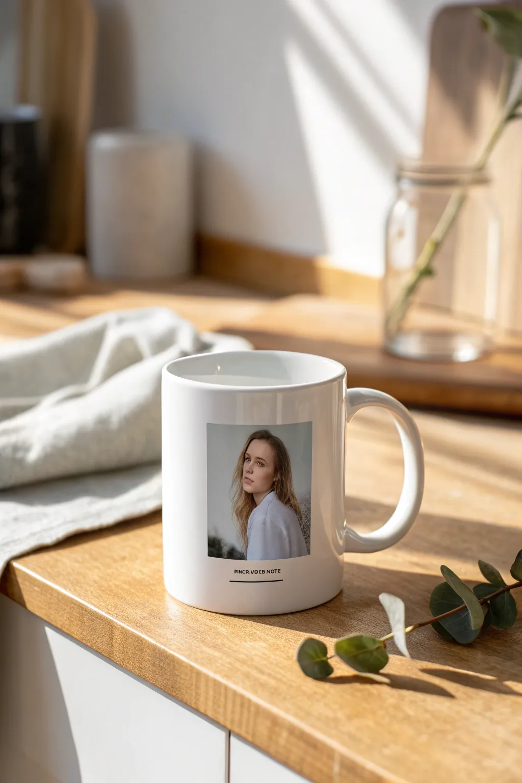 Centered portrait mug on warm oak counter, bright natural light, minimalist Scandinavian boho vibe