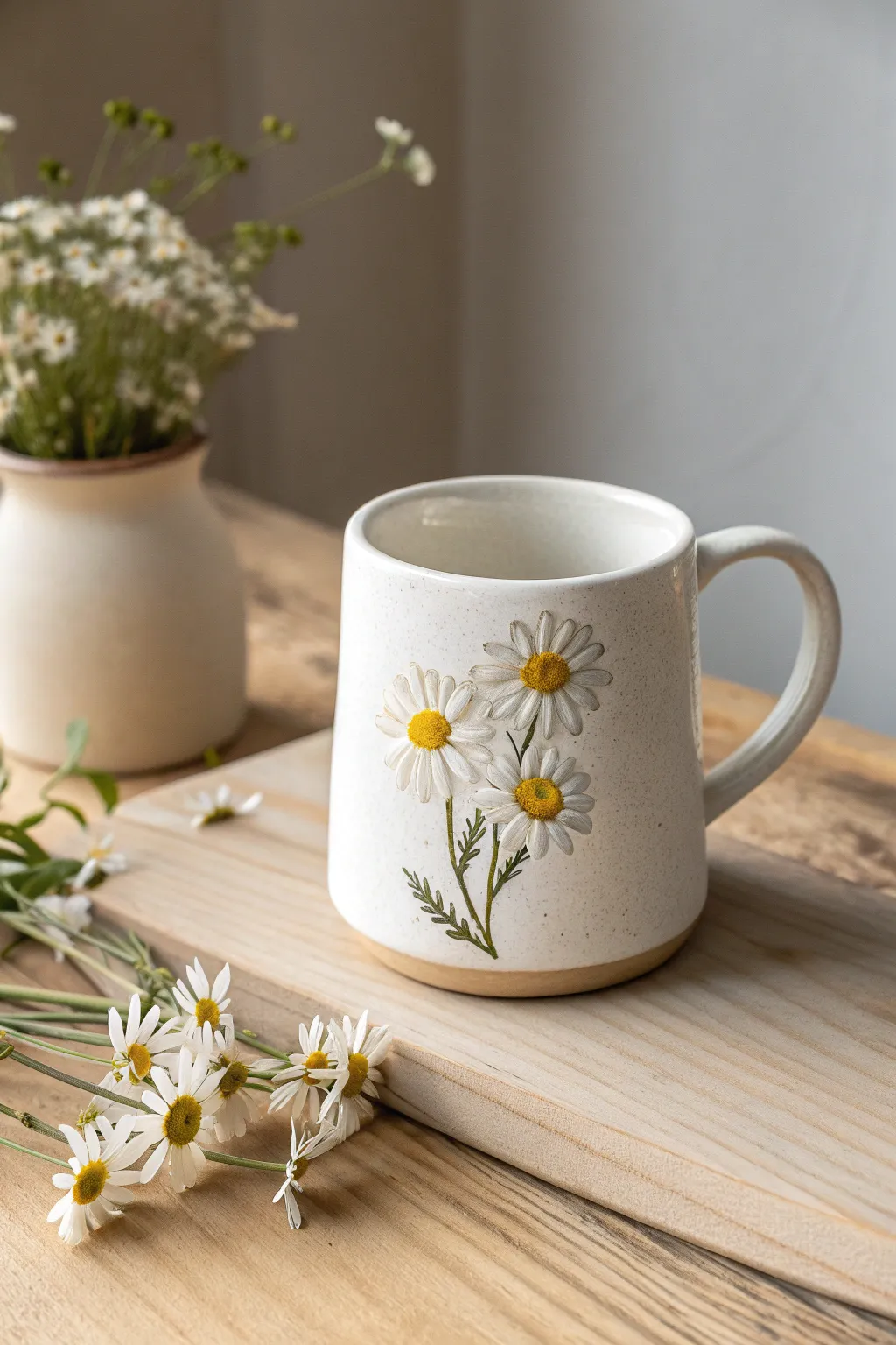 Simple daisy cluster on a white mug, Scandinavian minimal with a cozy boho flower vibe.