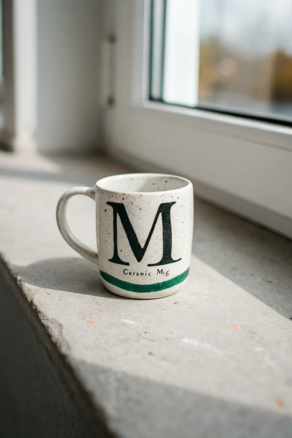 White mug with bold black block initials and a deep green accent line for a clean modern monogram.