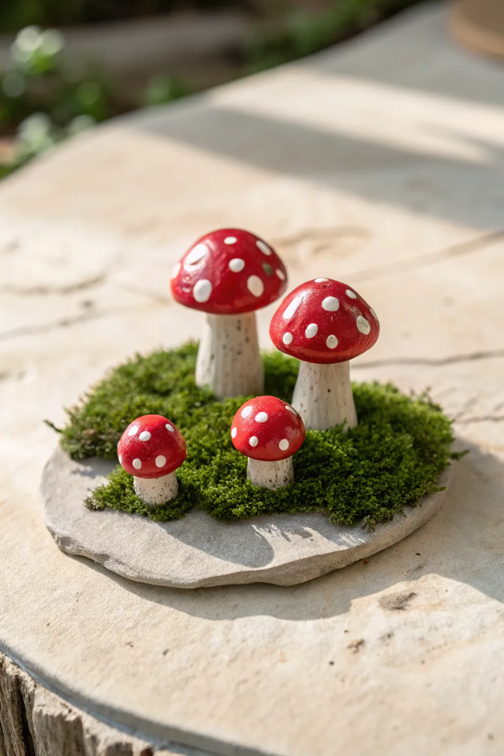 Glossy fly agaric mushroom figurines with moss accents for cozy minimalist woodland charm.