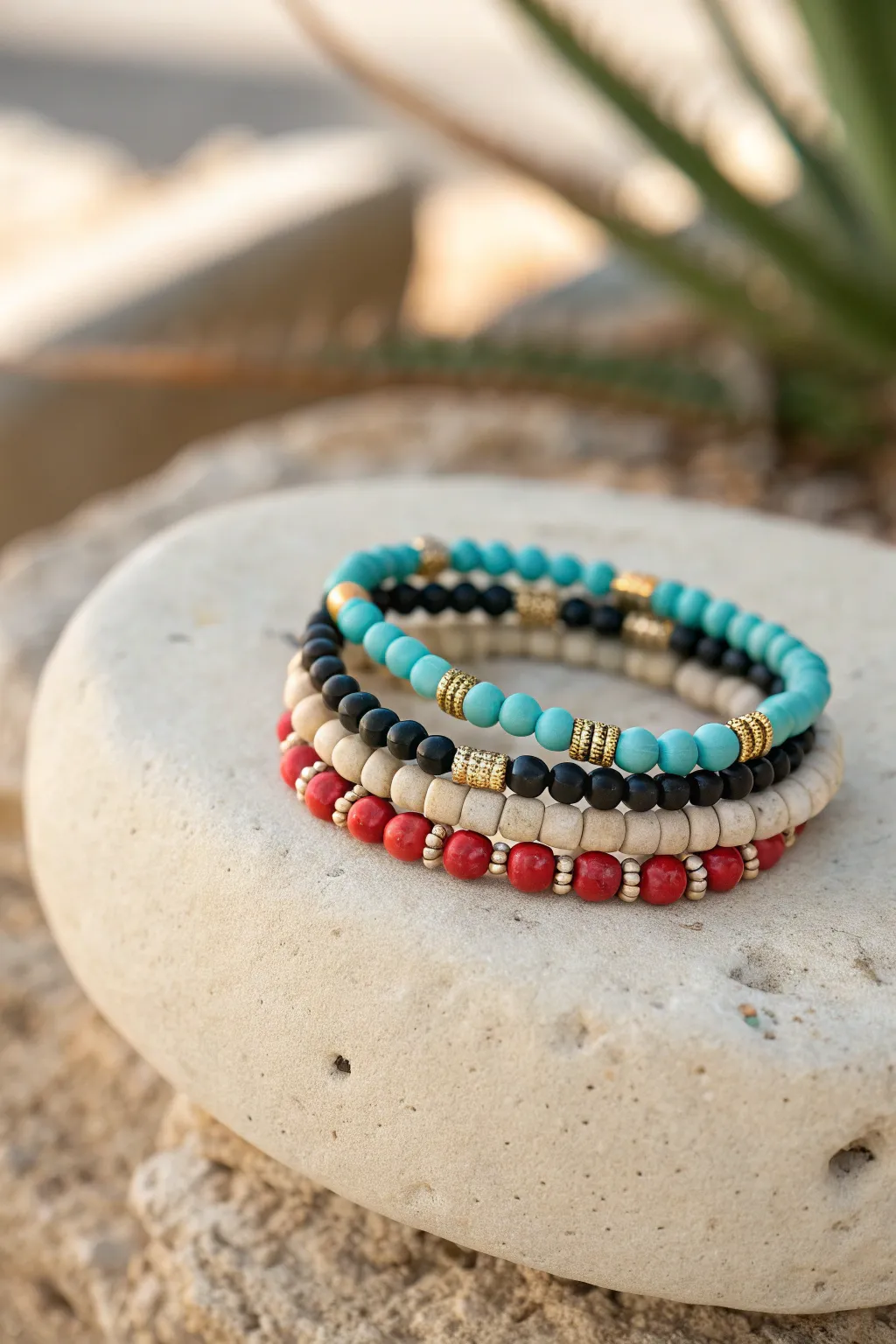 Turquoise heishi stack with coral accents and minimalist spacers on pale sandstone