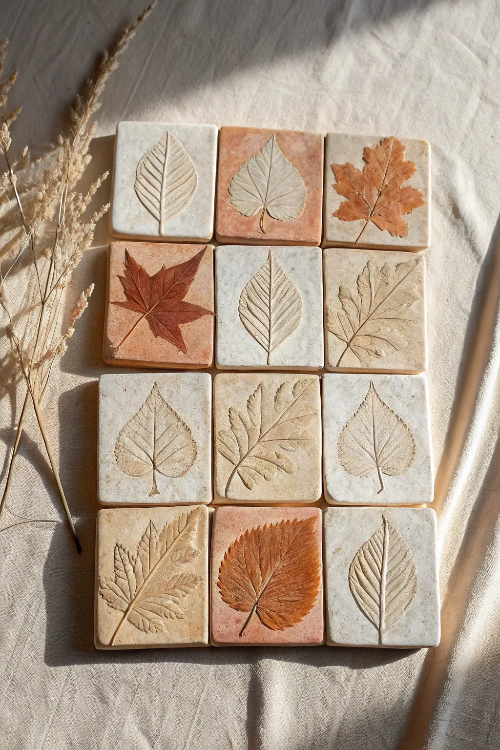 Minimal leaf-imprint clay tiles with crisp veins, arranged in a clean grid for earthy decor