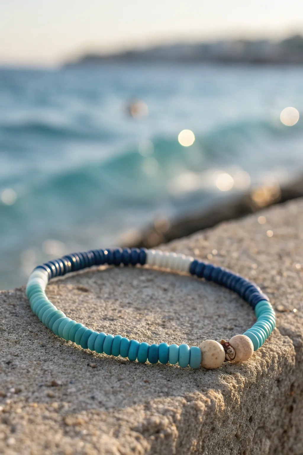 Classic ocean ombre heishi bracelet in navy-to-sky blue tones, styled by rippled water