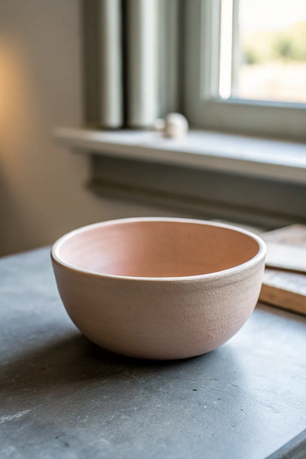 Classic monochrome pinch pot bowl in soft blush clay, calm minimalist beauty for your next one-color clay idea.