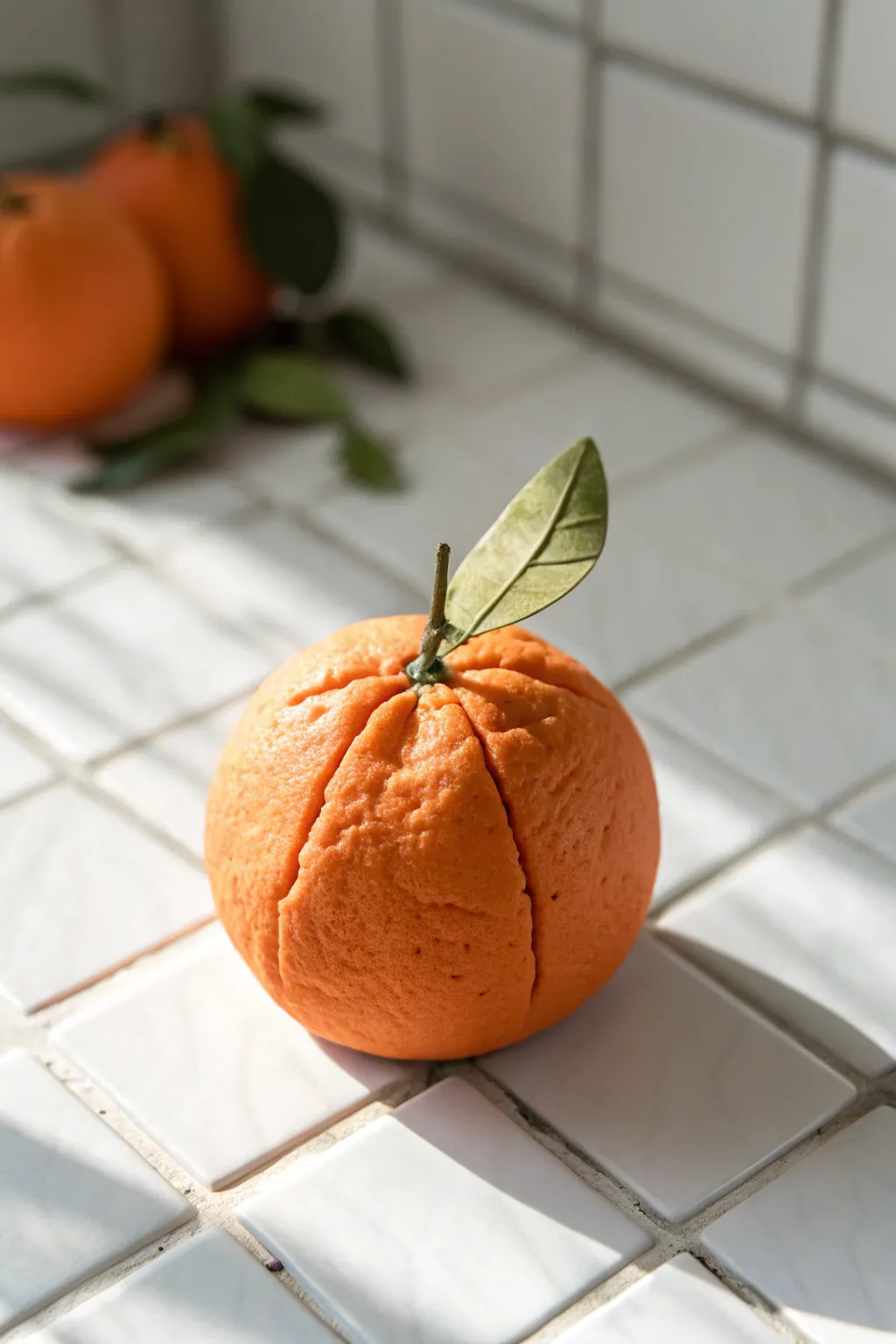Mini clay orange with dimpled peel and tiny leaves, styled on white tile in soft daylight