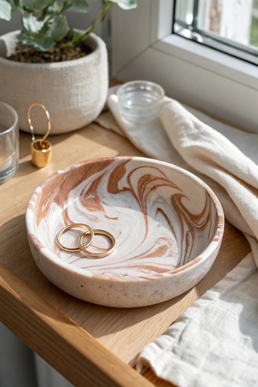 Minimal marbled trinket dish for rings and earrings, styled in soft Scandinavian boho tones.