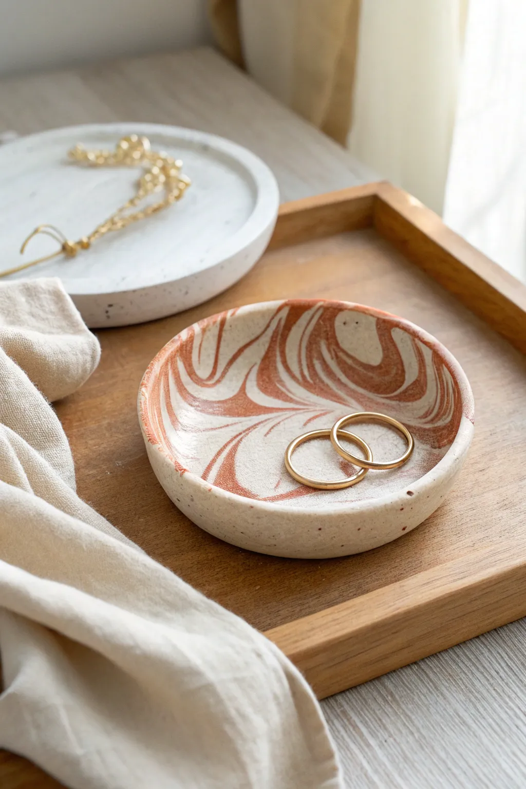 Beginner-friendly marbled oven-bake clay trinket dish for rings, hair ties, and small treasures.