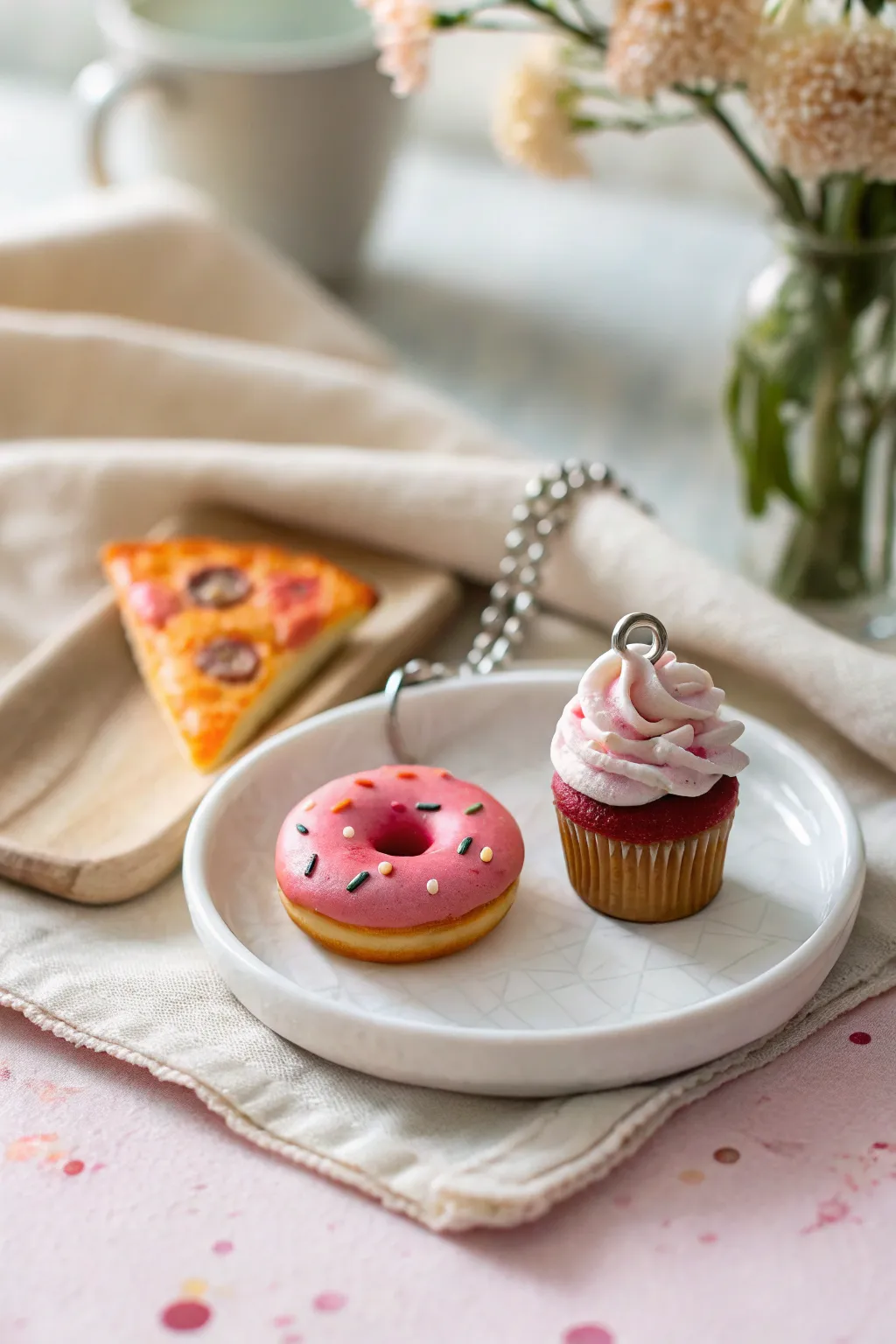 Sweet mini food charms kids can make: colorful oven-bake clay treats on a pastel backdrop.