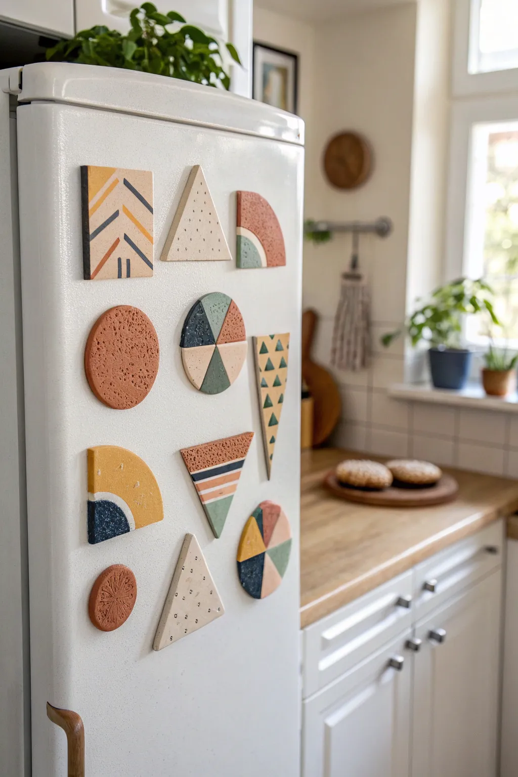 Geometric color-block oven-bake clay magnets, minimalist and bold with a soft boho palette.
