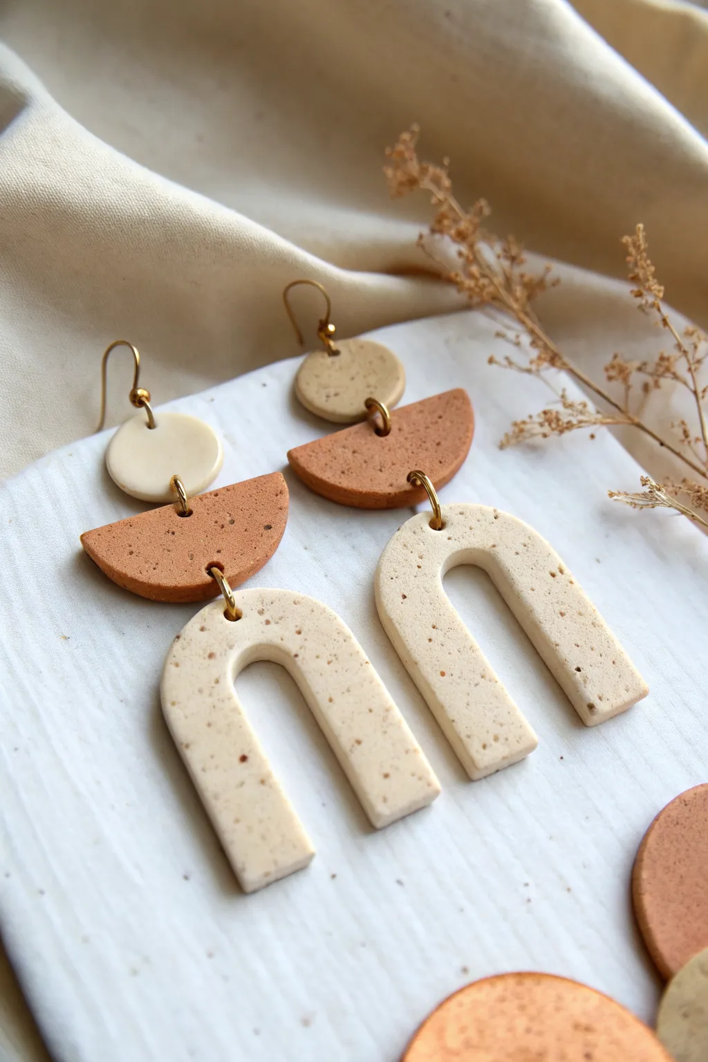 Minimal geometric polymer clay earrings in soft neutrals with clean shadows and modern boho calm