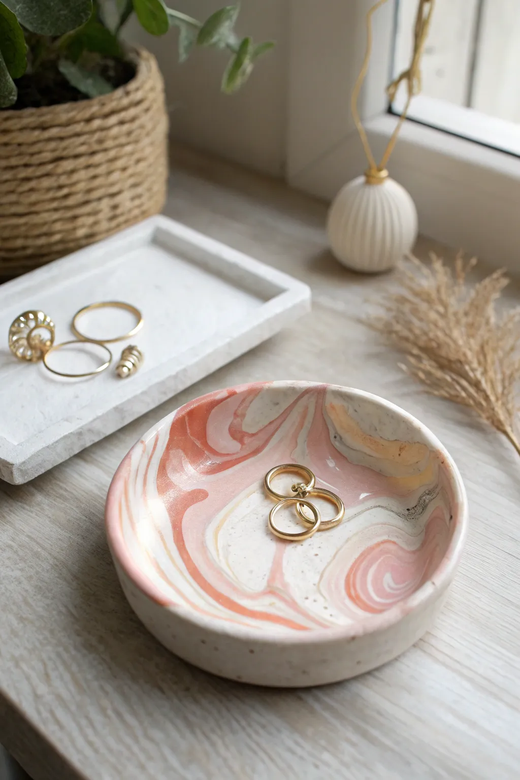 Soft marbled polymer clay trinket dish, minimal and airy, perfect for rings and tiny earrings.