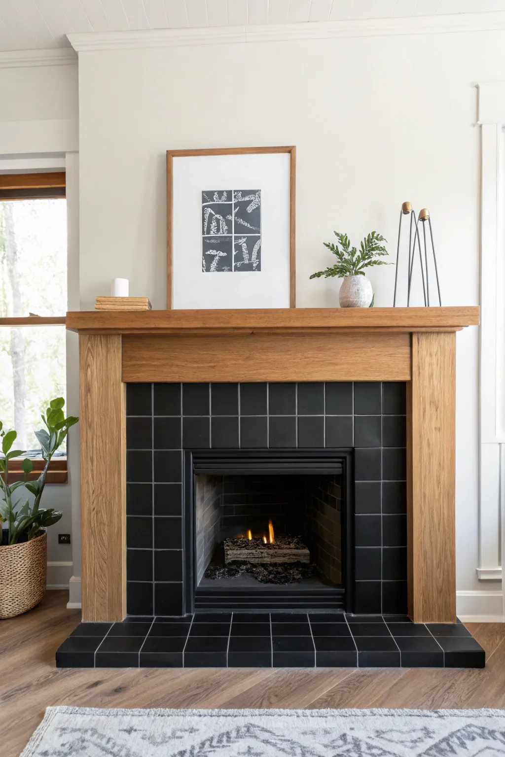 Matte black painted fireplace tiles create crisp modern contrast against a soft neutral wall.