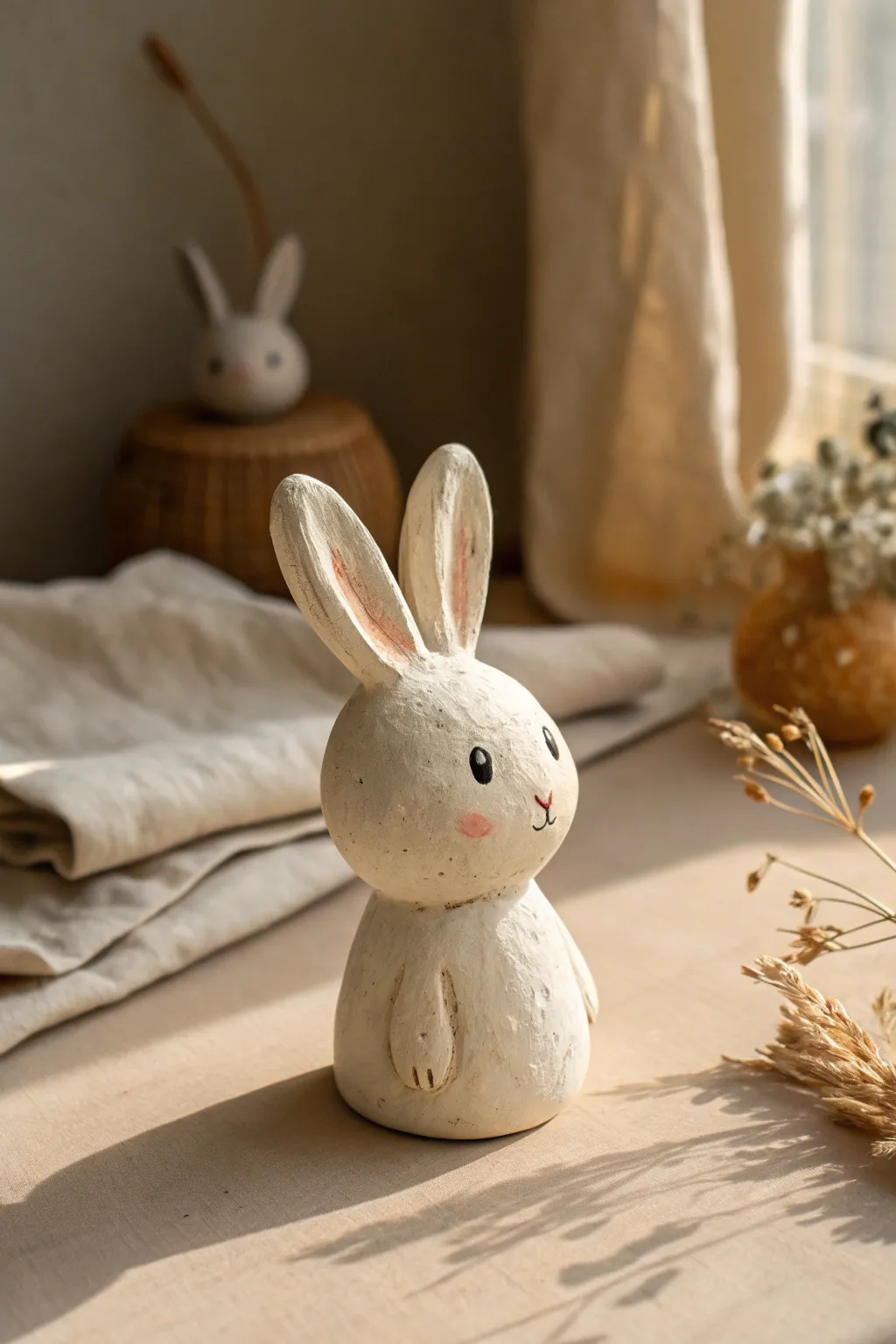 Simple paper clay bunny figurine with matte paint, cozy studio styling and soft Nordic light.