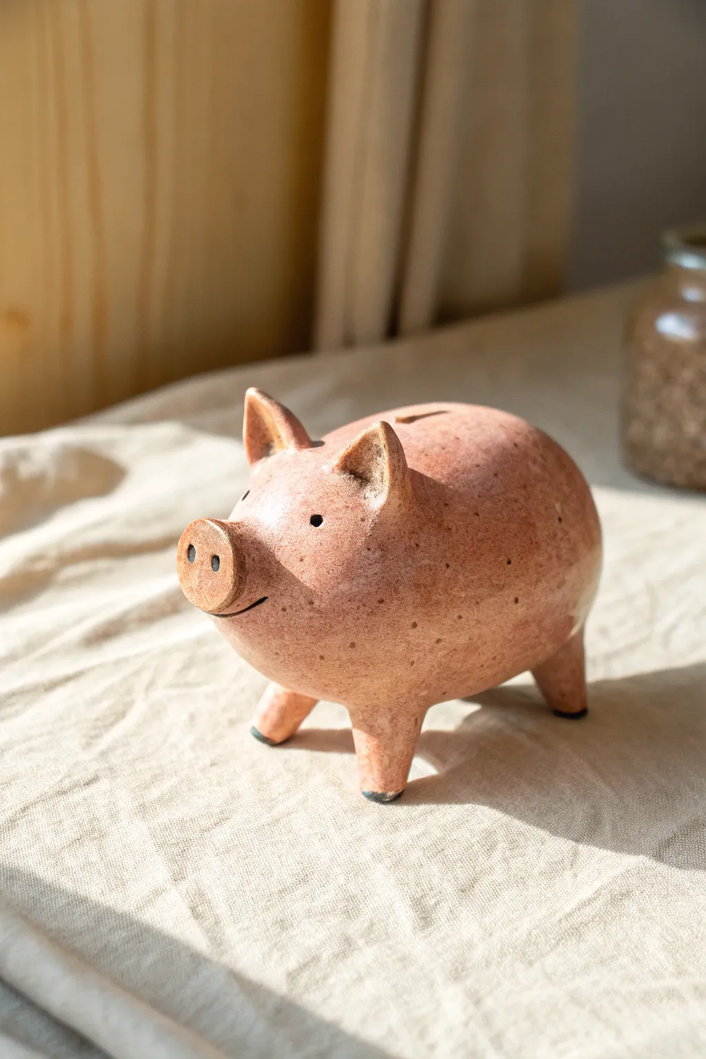 Classic mini pig figurine in soft blush clay with clean lines, cozy shadows, and minimalist charm.