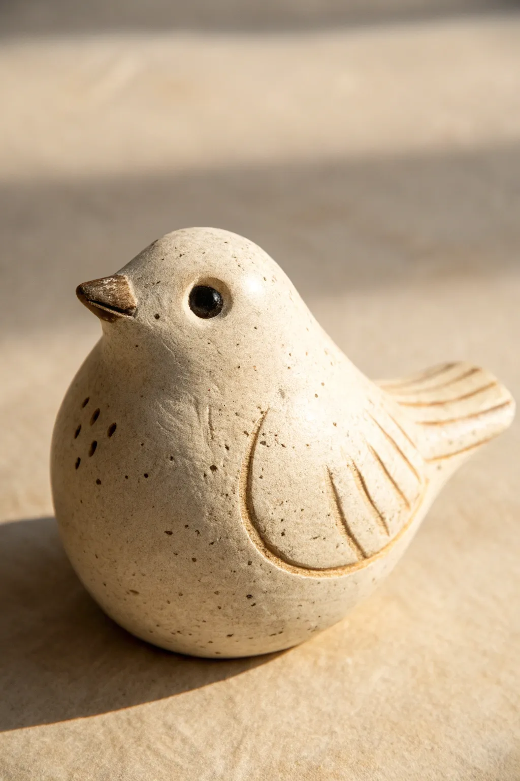 Classic chubby bird clay whistle with simple carved feathers and a tiny beak in soft light
