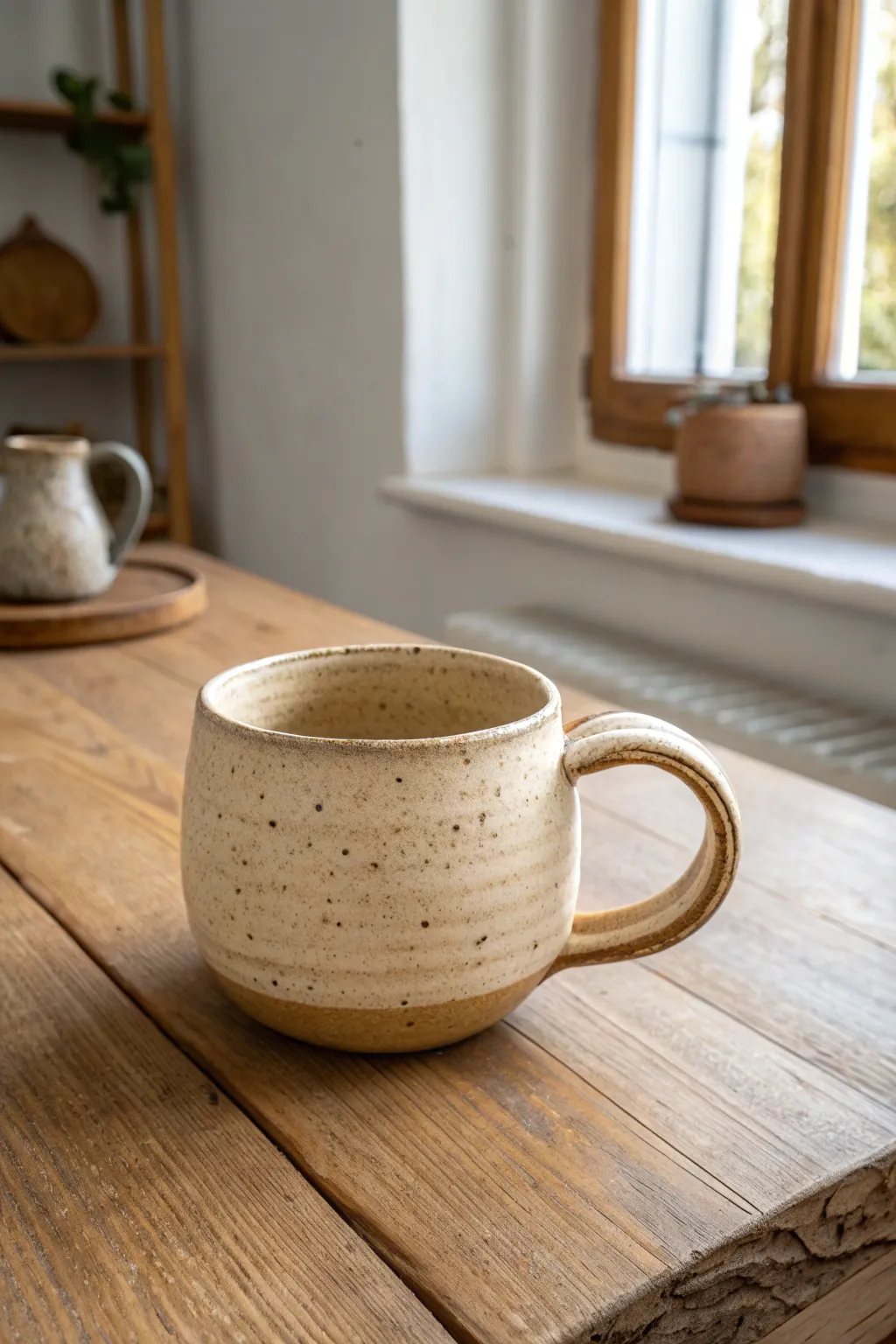 Classic pinch pot mug with a simple coil handle, cozy rustic texture in minimalist style.