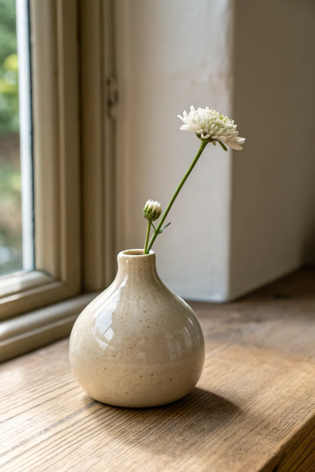 Classic pinch pot bud vase with a single stem, glossy glaze, minimalist Scandinavian calm.