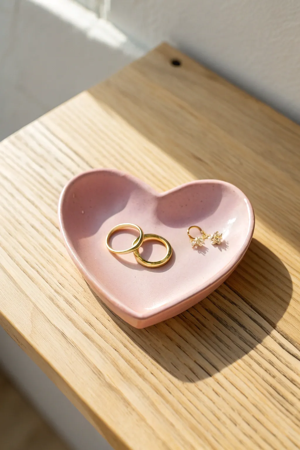 Pastel pink heart trinket dish in matte clay, perfect for rings and tiny earrings.
