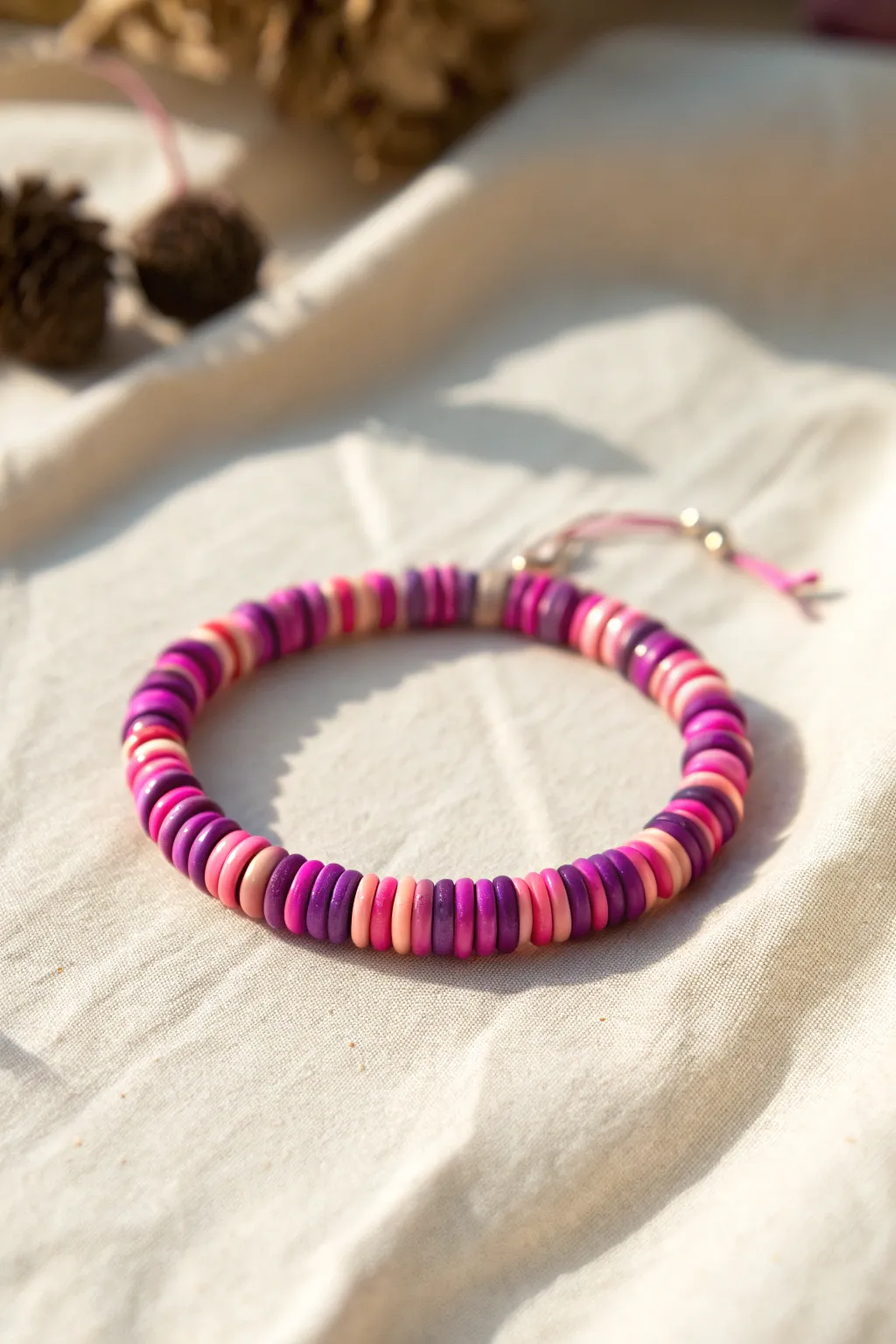 Classic candy-stripe bracelet in hot pink and purple, styled minimal for easy pattern copying.