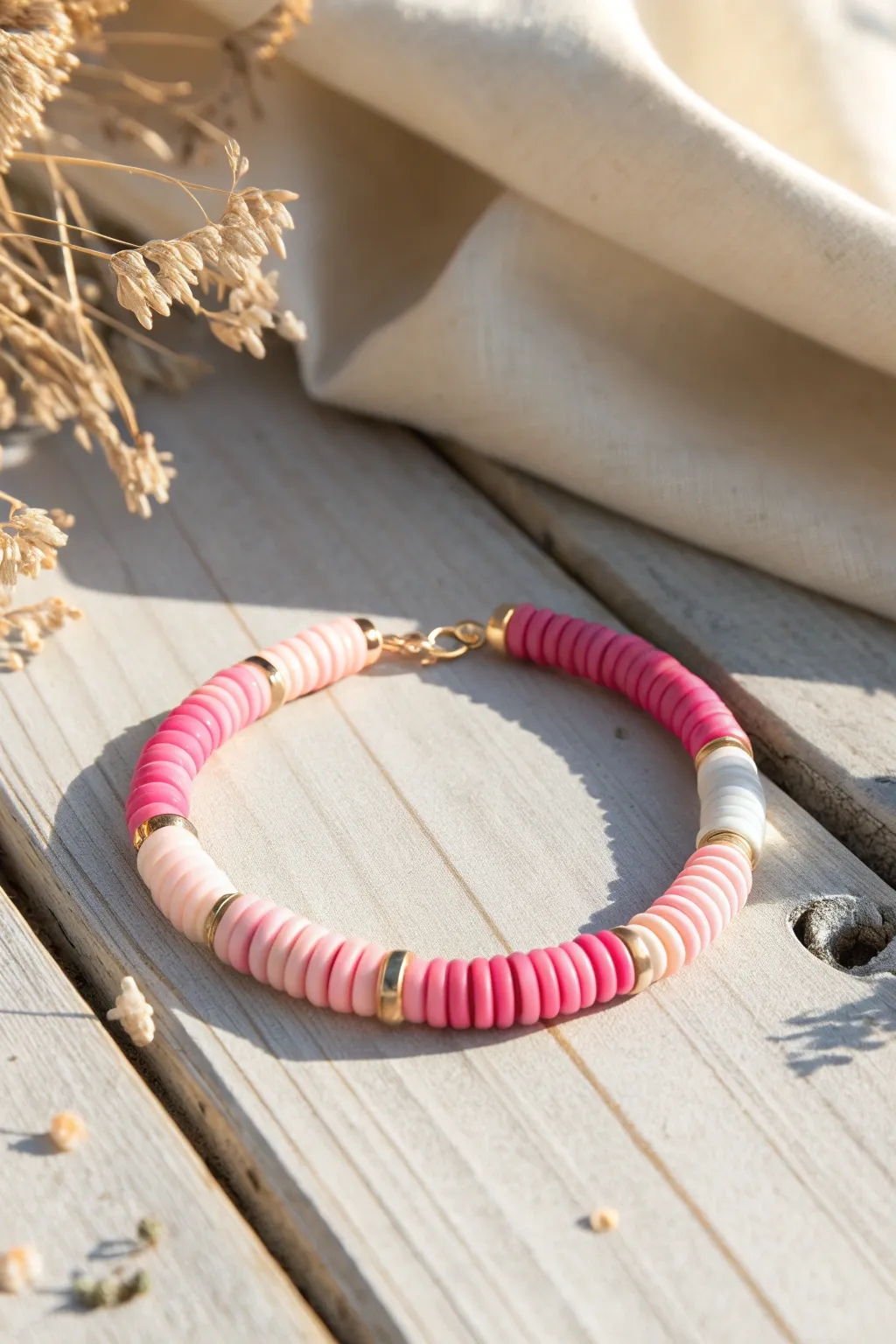 Classic pink ombre heishi bracelet glowing in window light, minimalist and boho chic.