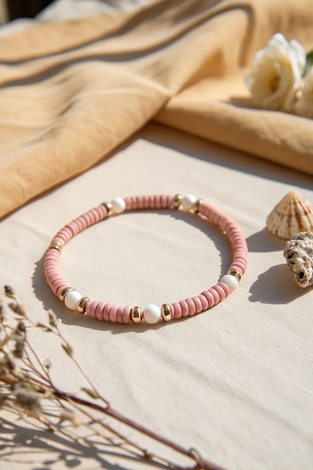 Classic blush pink heishi stretch bracelet on linen, minimal, airy, and perfectly handmade