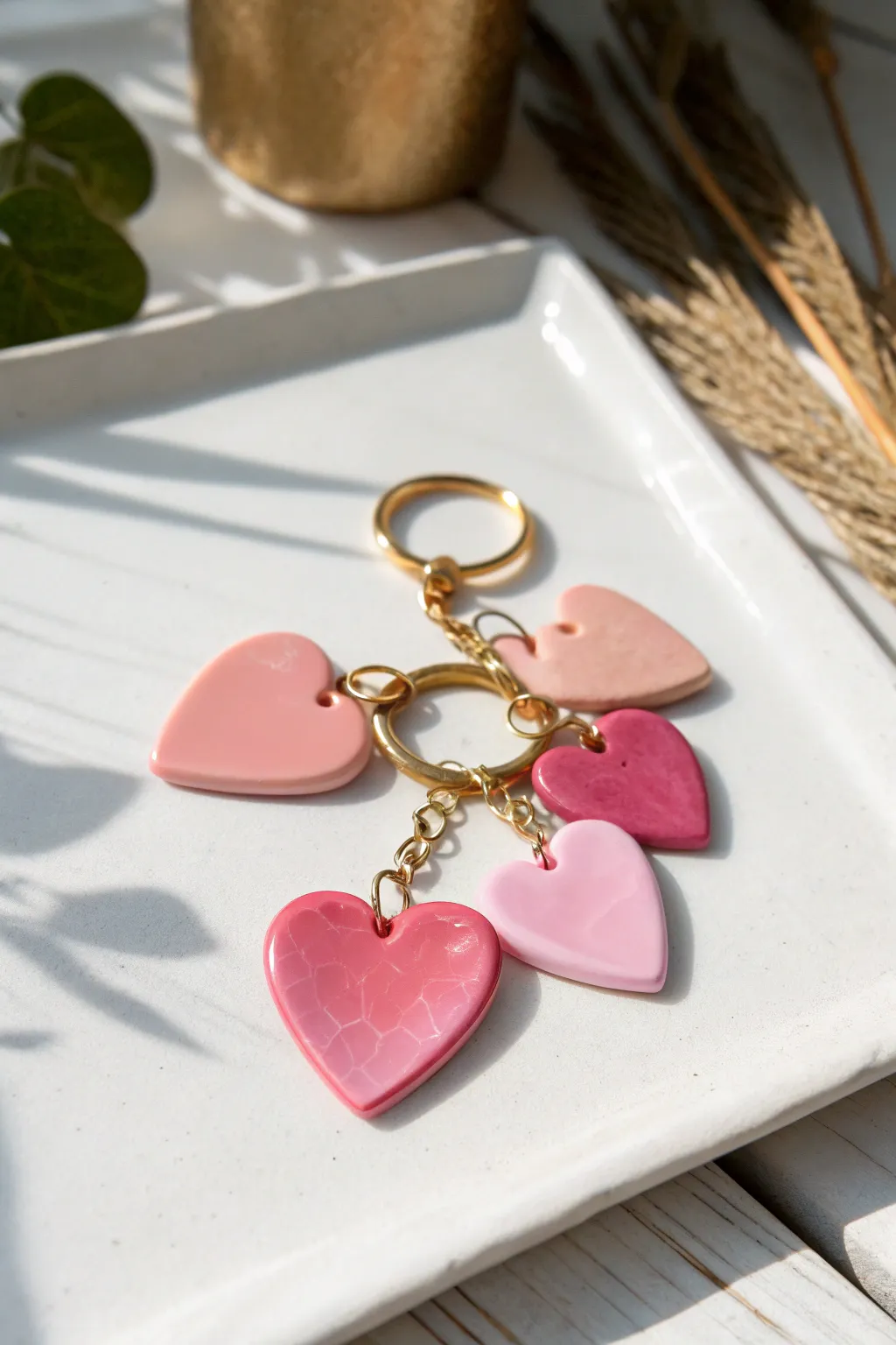 Glossy pink heart polymer clay charms on a minimalist keychain, sweet, simple, and handmade-ready.