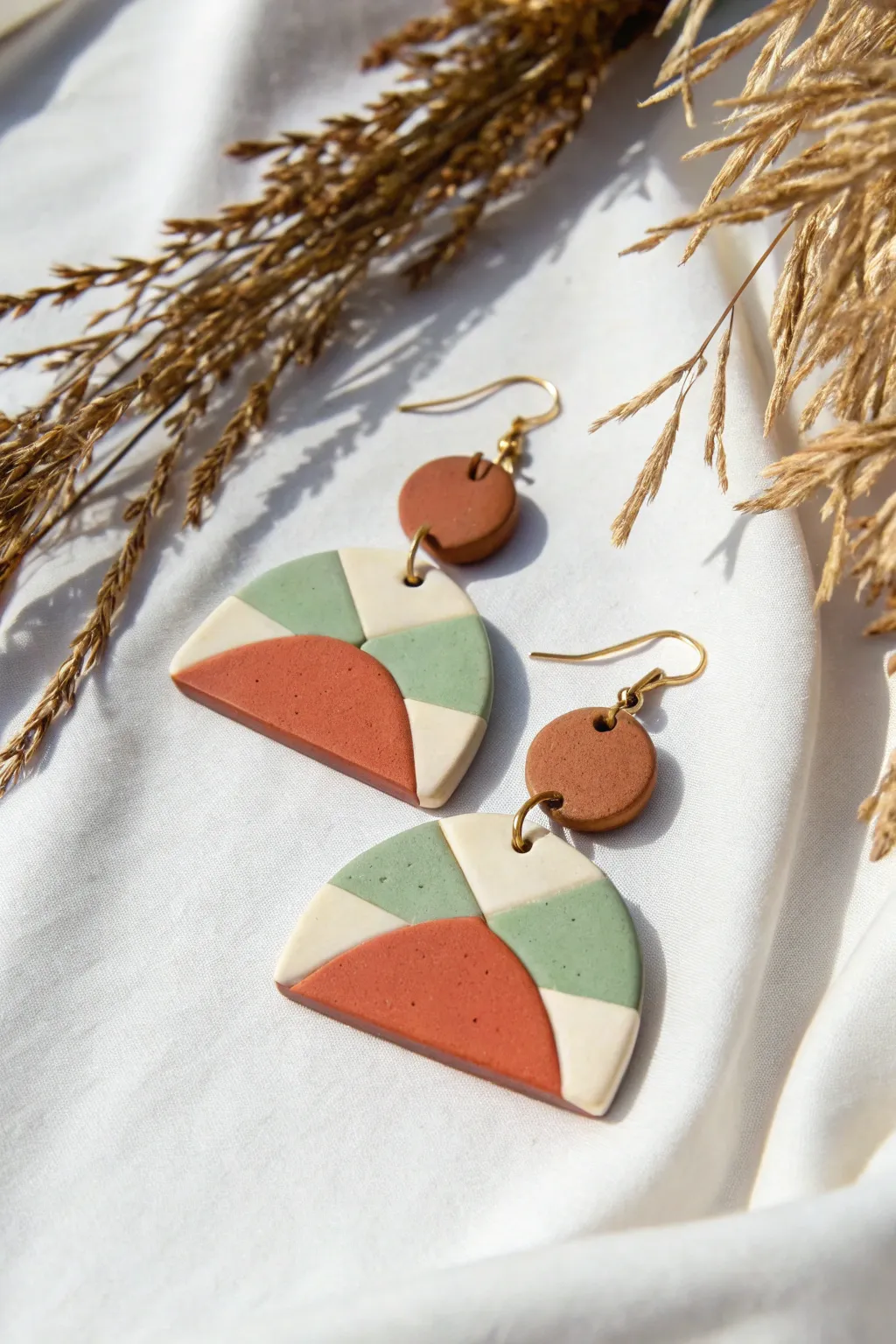 Color-blocked polymer clay slab earrings in soft neutrals, bold geometric shapes, minimalist with boho