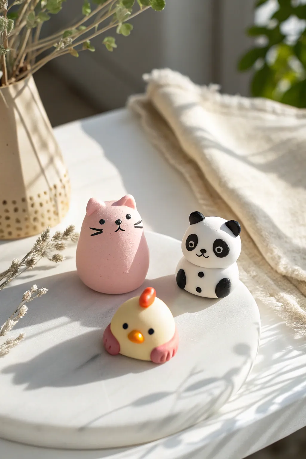 Classic cute animal minis in plasticine clay, simple shapes for an easy, cozy DIY project.