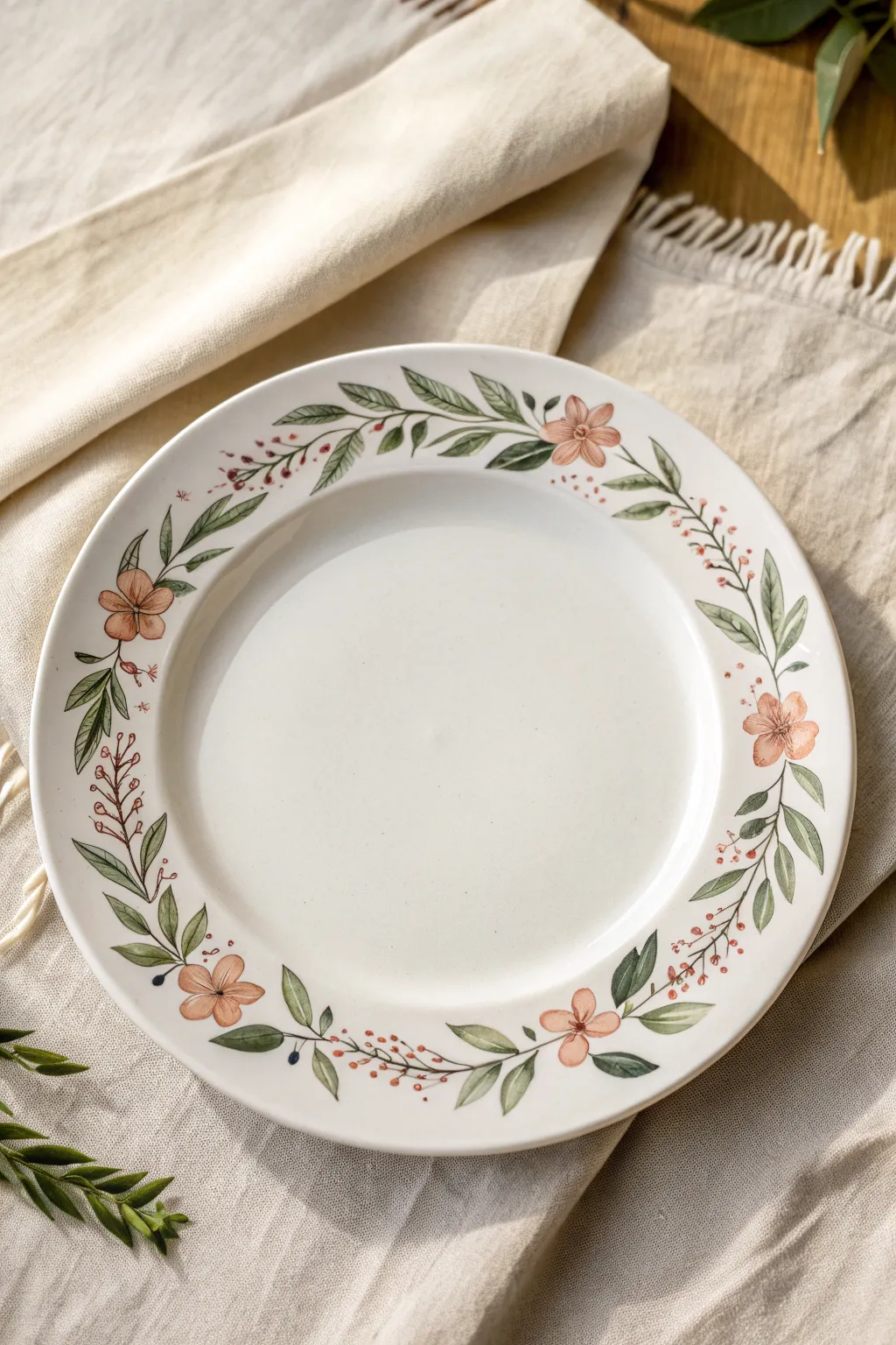 Minimal floral rim wreath on a white plate for an elegant, beginner-friendly painted finish