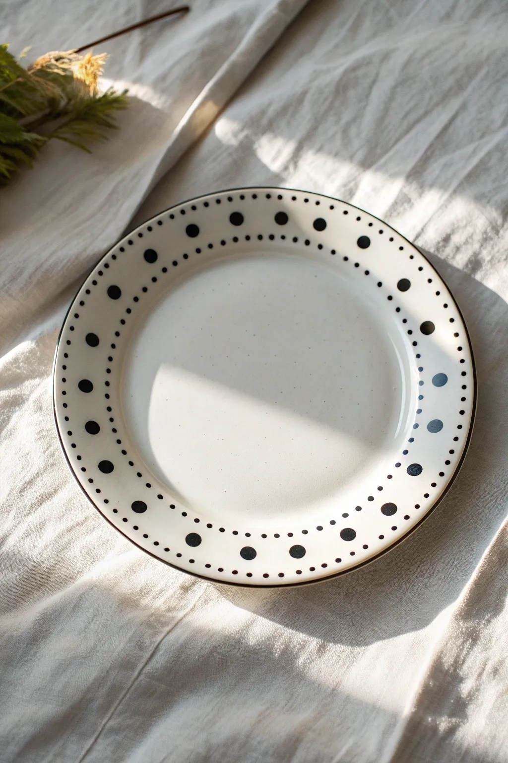 Crisp black polka dots around a bright white rim for an easy, modern plate painting look.