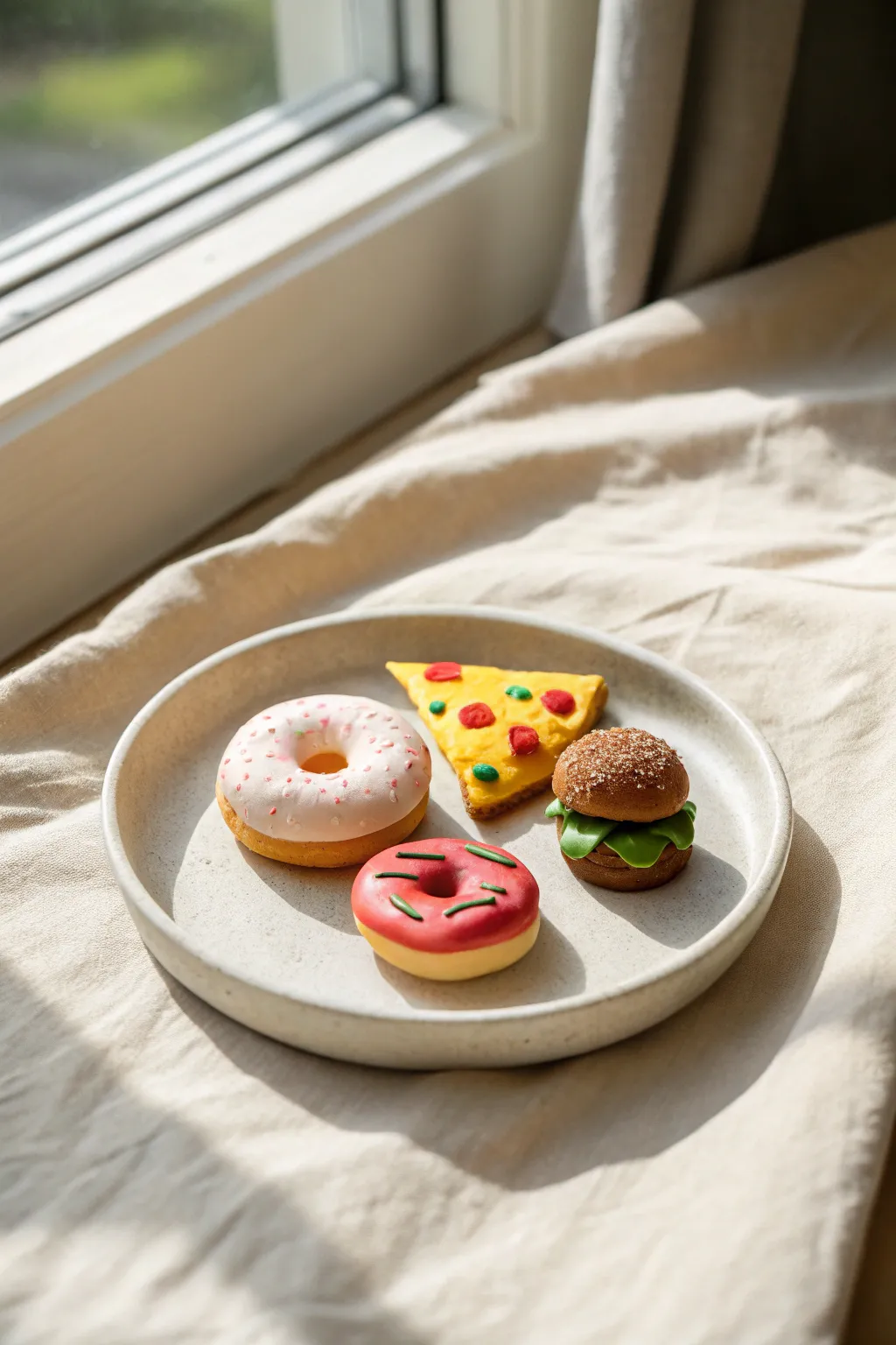 Mini play clay food favorites: donut, pizza, and burger in a sweet minimalist setup.