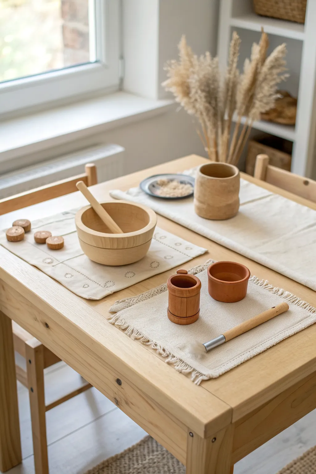 Minimal low playdough station with two work mats, tool cups, and calm Scandinavian styling