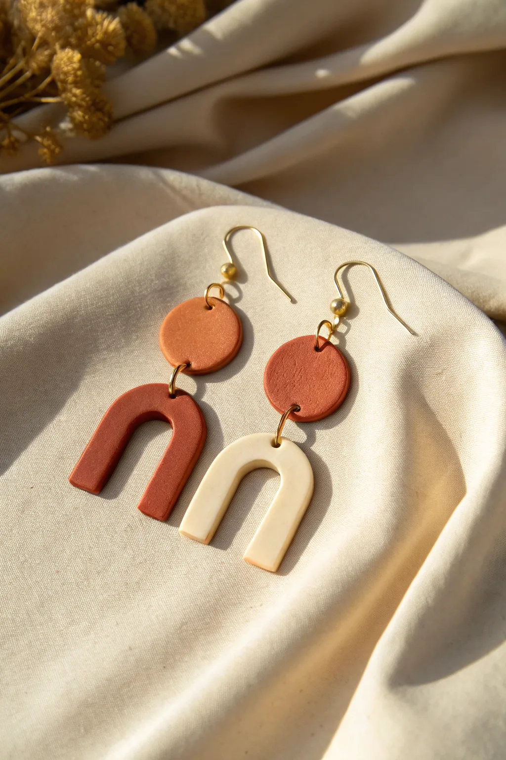 Easy statement polymer clay earrings in terracotta and cream, minimalist boho with warm light.