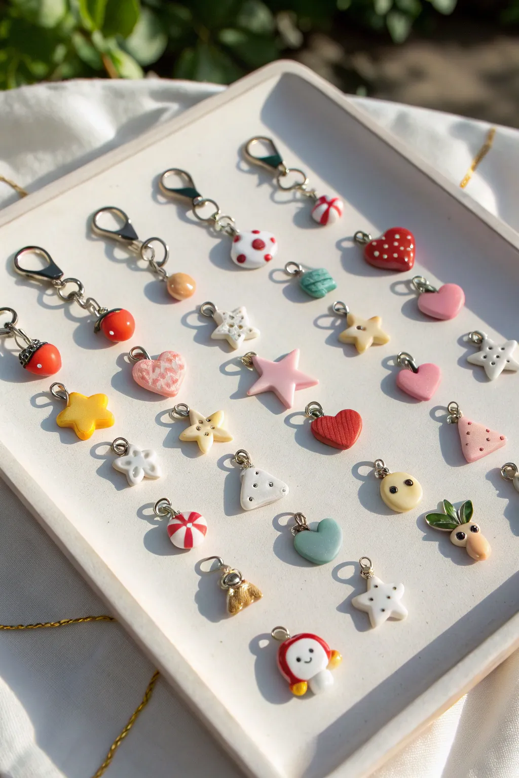 Sweet polymer clay charm collection in a clean grid, perfect for cute DIY jewelry ideas
