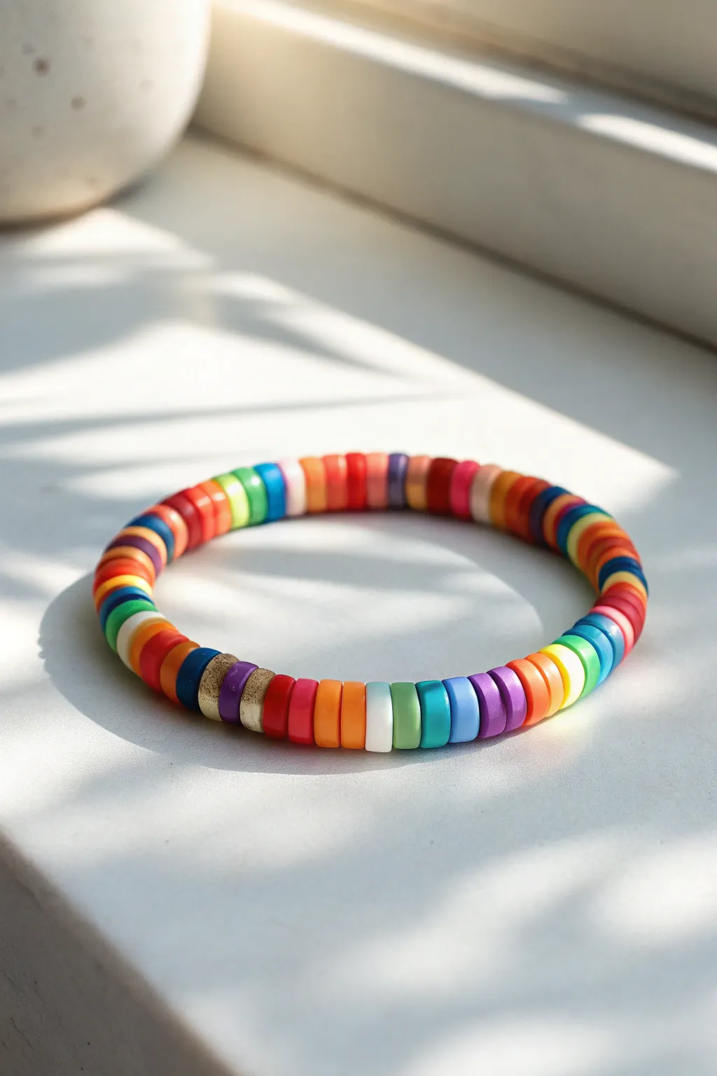 Classic rainbow heishi stack bracelet in a clean minimalist circle, bright, cheerful, and handmade.