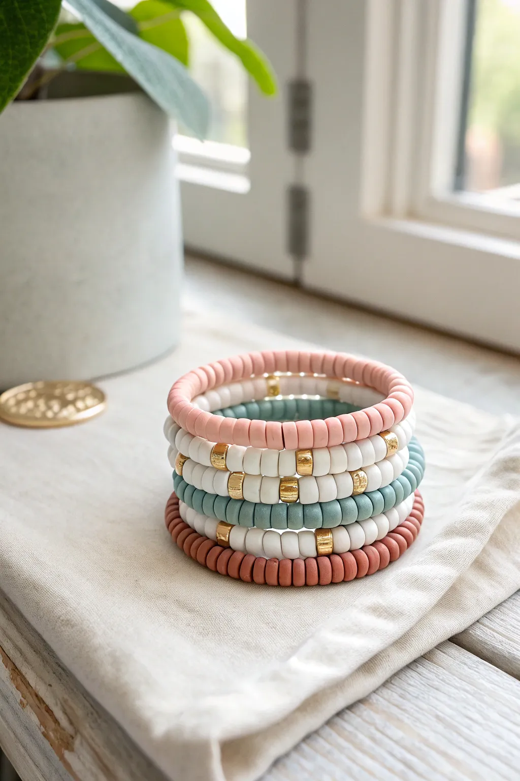 Classic color-blocked heishi bracelet stack in soft, wearable tones with crisp minimalist contrast
