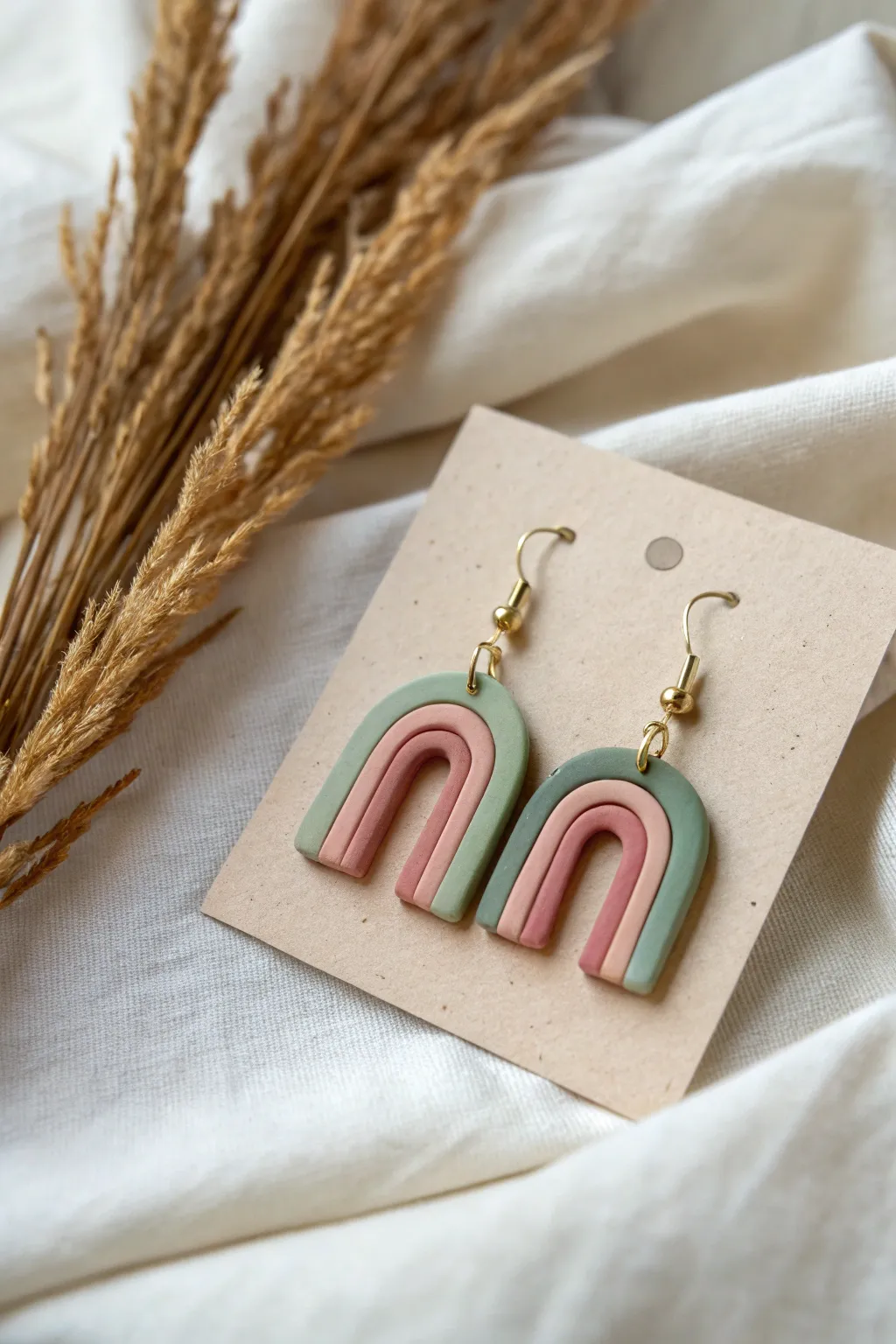 Personalized polymer clay dangle earrings in soft tones, a modern handmade birthday gift idea.