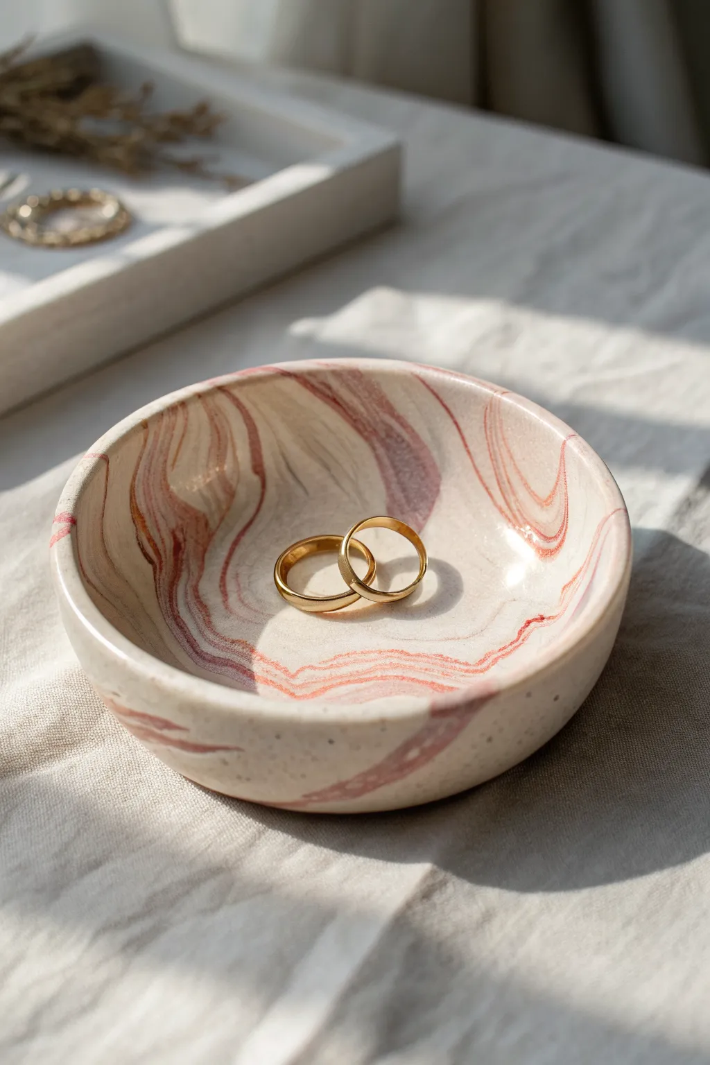 Classic marbled polymer clay trinket bowl idea with soft swirls and a simple satin finish